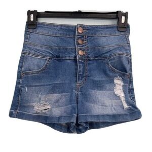 Tinseltown Jean Shorts Cuffed Button Fly Distressed Ripped Size 0 Waist 23”